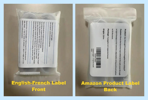 Front and back view of packaging for See Through Safety Goggles Pack Of 2 For Tanning And Eye Protection With Cases, showing labels.