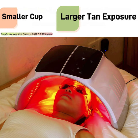 Person using a tanning device with see through safety goggles pack of 2 for tanning and eye protection with cases during session.