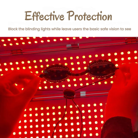 Hands holding see through safety goggles pack of 2 for tanning and eye protection against LED lights