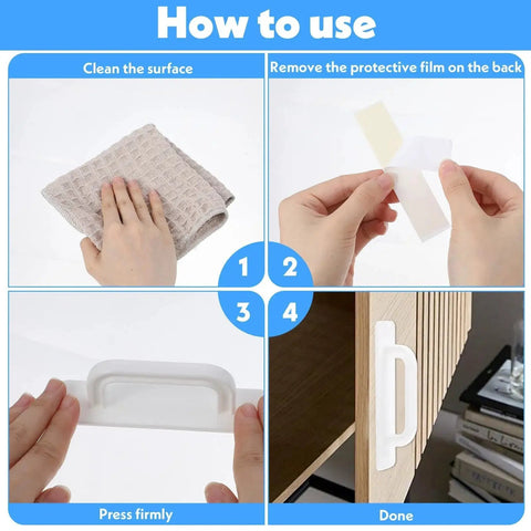 How to install 4 Pack Stick On Cabinet Handles Self Adhesive No Drill Door Pulls tutorial with cleaning, adhesive step, and final placement.