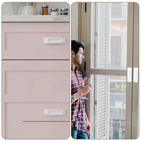 8 Pcs Plastic Cabinet Drawer Handles Self Adhesive 4 Color Set installed on pink drawers and glass doors, no drill multipurpose design