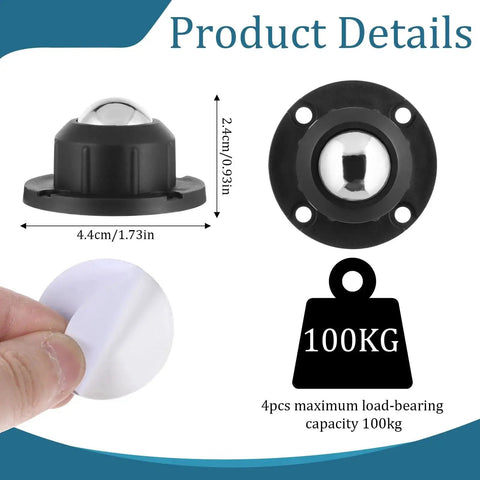 16 Pack Self Adhesive Caster Wheels featuring 360 Degree Rotating Metal Universal Mini Low Profile Swivel Wheels, close-up and side view.