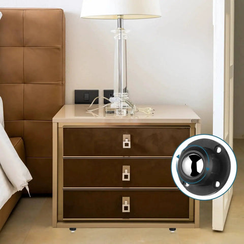 16 Pack Self Adhesive Caster Wheels, 360 Degree Rotating Metal Universal Mini Low Profile Swivel Wheels, 1 Inch, shown under nightstand