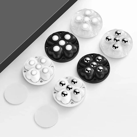 Self Adhesive Caster Wheels with 360 Degree Swivel Stainless Steel Rollers in black and white, six shown with adhesive backing, pack of four.