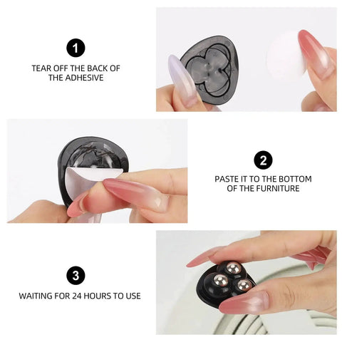 Step-by-step application of 16 Pcs Self Adhesive Caster Wheels For Countertops And Small Appliances, Easy Peel And Stick Furniture Sliders.