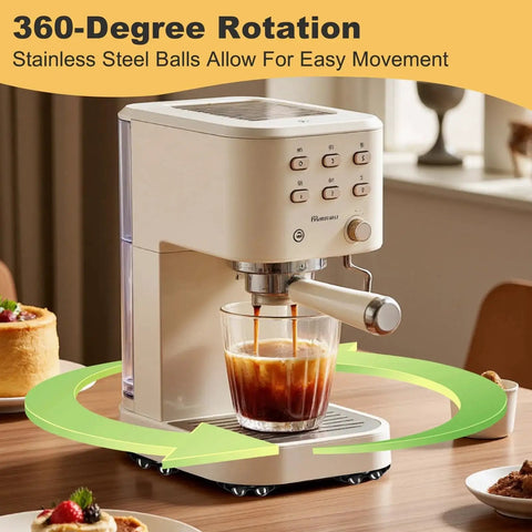 Espresso machine on kitchen counter with 8 Pieces 1.45 Inch Self Adhesive Appliance Caster Wheels 360 Degree Swivel Quiet Movement For Kitchen Appliances.