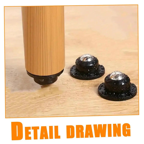 Close-up of self adhesive caster wheels set installed on wooden furniture leg, demonstrating 360-degree swivel capability and compact low profile