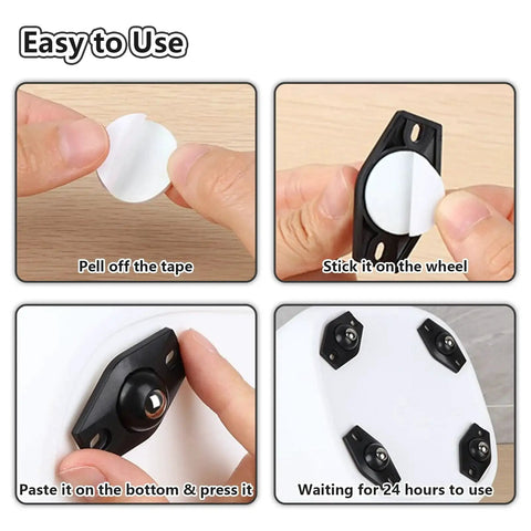 Steps to apply 16 Pcs Self Adhesive Caster Wheels Universal 360 Degree Swivel Heavy Duty Appliance Rollers on a storage box.