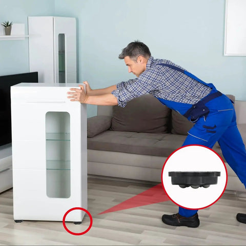Man using self adhesive caster wheels for carpet and large appliances, swivel steel universal appliance sliders on furniture