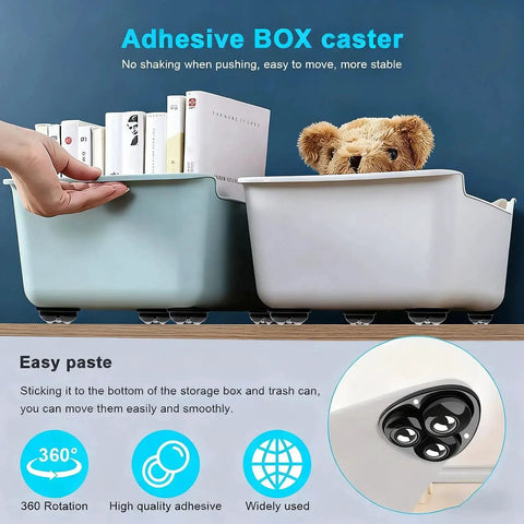 4 Pack Self Adhesive Swivel Caster Wheels With 20 Lb Load Per Wheel under storage bins showcasing low-profile design.