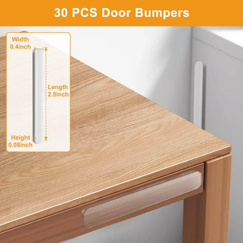 30 Piece Clear Door Slam Silencers Self Adhesive Cabinet Bumpers 2.5x0.4x0.08 Inches Soft Polyurethane on table