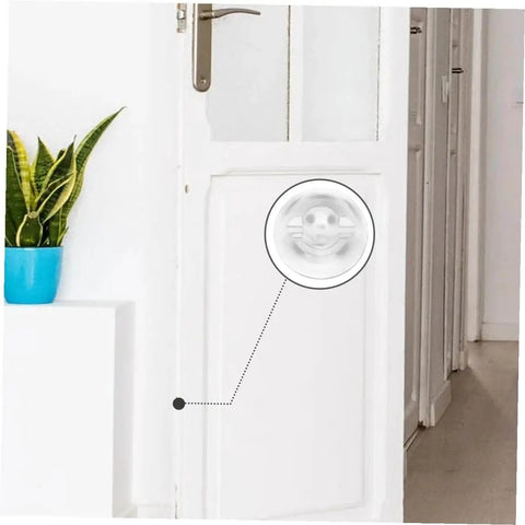 Six Piece Self Adhesive Door Bumper Set Quietly Absorbs Impact To Protect Walls And Doors Reduces Slams And Provides Noiseless Reusable Wall Protector Pads For A Safer Damage Free Home installed on a white door.