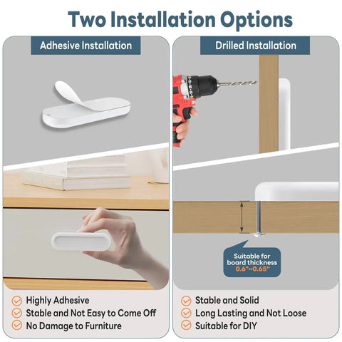 Comparison of two installation methods for 2 Pack Self-Adhesive Drawer Pulls 4 Inch Aluminum Alloy Door Handles for easy installation.