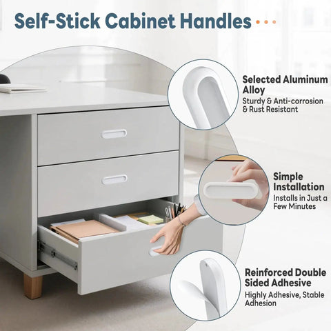 2 Pack Self-Adhesive Drawer Pulls 4 Inch Aluminum Alloy Door Handles on cabinet drawer, showing easy installation and adhesive back.