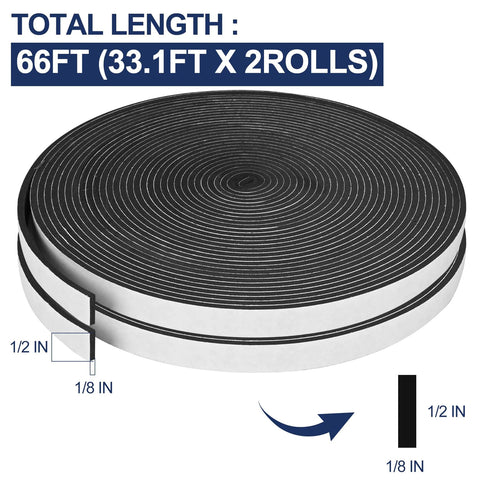 Foam weatherstripping tape, two 33.1 ft rolls, 66 ft total, black, 1/2 in x 1/8 in, Amazon brand