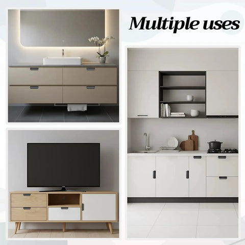 20 Pack Self Adhesive Finger Pulls For Cabinets No Drill Edge Pull Handles shown in bathroom, kitchen, and living room setup