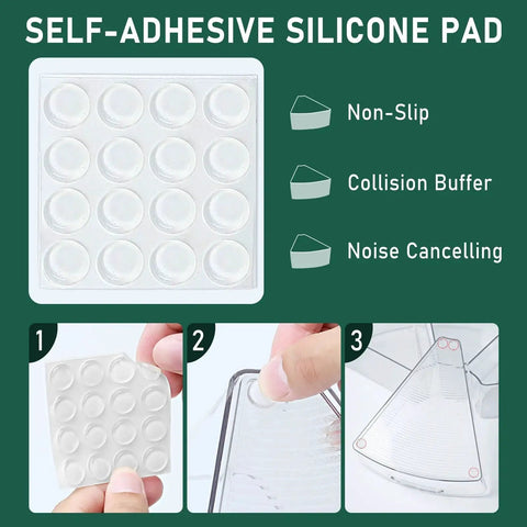 Self-adhesive silicone pads with non-slip and noise-cancelling features for corner lazy Susan cabinet organizer bins.