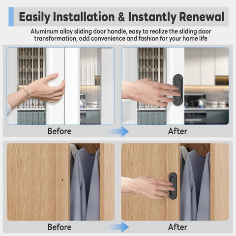 Before and after installation of 2 Pack 4 Inch Self Adhesive Sliding Door Handles Aluminum Alloy No Drill for closets, black finish