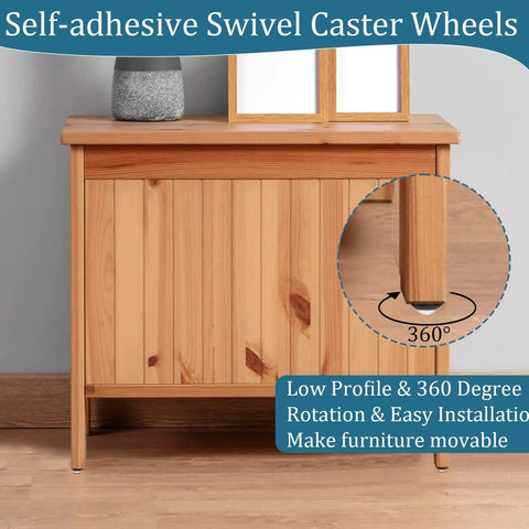 16 Pack Self Adhesive Caster Wheels, 360 Degree Rotating Metal Universal Mini Low Profile Swivel Wheels, 1 Inch installed on wooden furniture.