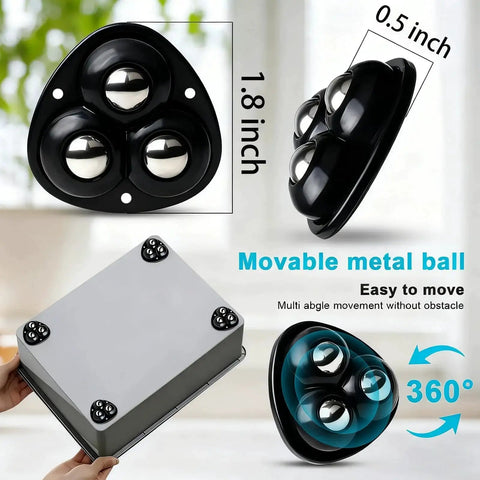 4 Pack Self Adhesive Swivel Caster Wheels With 20 Lb Load Per Wheel Low Profile Mobility Rollers For Furniture And Storage Bins And Small Appliances Easy To Install And Move Heavy Objects, featuring three metal balls on black ABS body