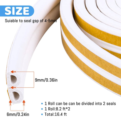 CloudBuyer door and window weather stripping seal, white self-adhesive foam, dual-channel, 16.4 ft roll.