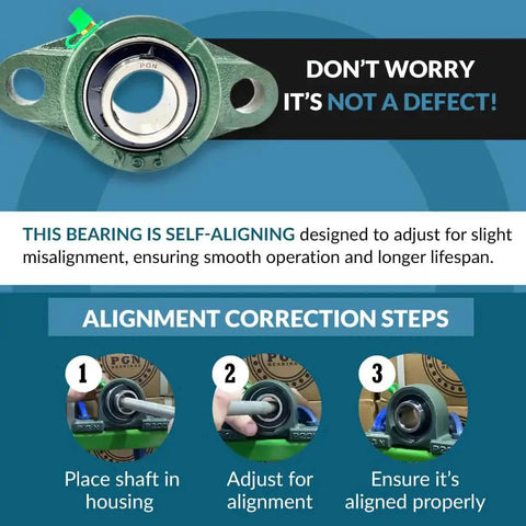 Instructional guide on self-aligning bearing adjustment featuring steps for Heavy Duty Pillow Block Bearing Pack Of Four, Flange Mounted.