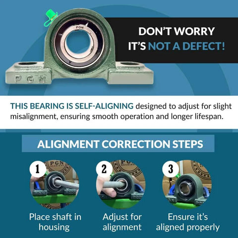 UCP204-12 pillow block bearing pack of 10 with 3/4 inch bore showing self aligning feature and adjustment steps.