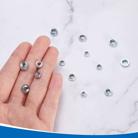 Person holding multiple zinc plated carbon steel nuts from the Heavy Duty Self Clinching Nuts Set For Metal Fastening M2, M2.5, M3, M4, M5 Zinc Plated Carbon Steel Rivet Nuts 300 Pieces For Construction And Diy Projects By Uxcell.