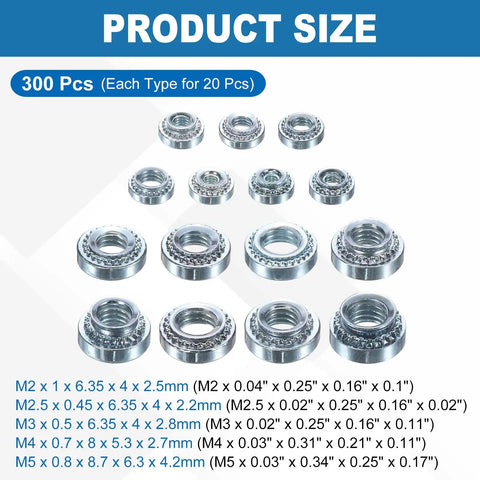 Heavy Duty Self Clinching Nuts Set For Metal Fastening M2, M2.5, M3, M4, M5 Zinc Plated Carbon Steel Rivet Nuts 300 Pieces For Construction And Diy Projects By Uxcell showing various nut sizes arranged in rows
