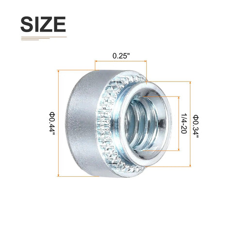 Self Clinching Rivet Nut Fastener 100 Pack With One Quarter Twenty Threads And Quarter Inch Length Silver Carbon Steel For Construction Industry Use Durable Pressure Riveting Nut For Mounting Plates And Built For Heavy Duty Jobs On Tough Job Sites shown with measurements