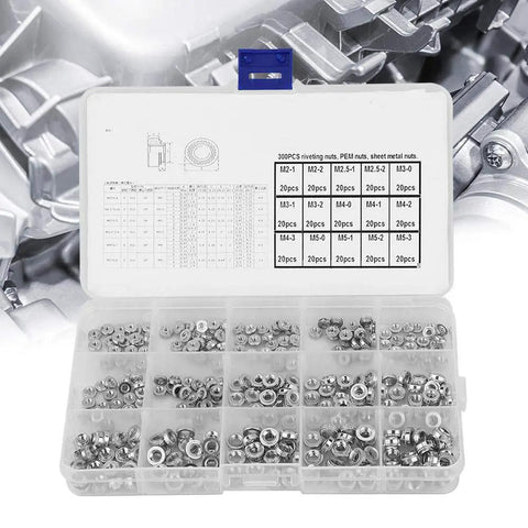 300Pcs Self Clinching Rivet Nuts Set For Sheet Metal M2 M2.5 M3 M4 M5 Type S PEM Thin Plates Metal Fastener Tool Galvanized And Rust Resistant in a transparent plastic organizer box.