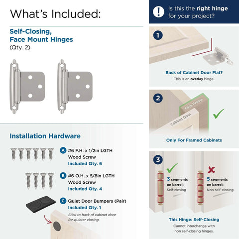 Diagram showing 2-Pack Cabinet Hinge Variable Overlay 𝐇inge Polished Chrome 2 Pack Self-Closing 𝖧inge Face Mount Ｈinge Cabinet Door Hinge Chrome Finish.