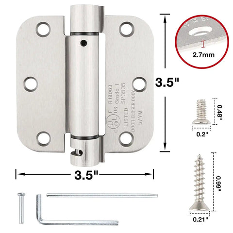 Self Closing Door Hinges 3.5 Inch Heavy Duty Satin Nickel Finish Built To Last With 5/8 Inch Radius, product dimensions and screws shown