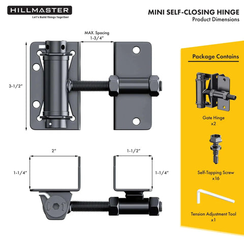 Illustration showing dimensions and parts of Built Tough Self Closing Gate Hinges For Metal Vinyl PVC Wood Fence Kit in Black Finish.