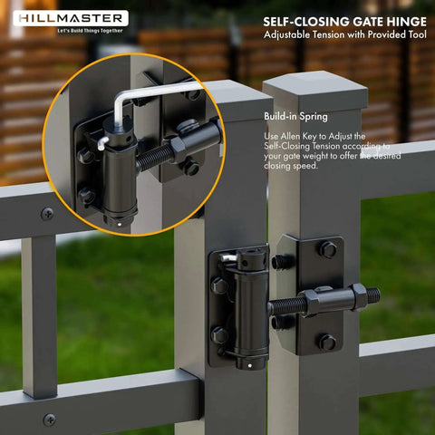 Close-up of Built Tough Self Closing Gate Hinges For Metal Vinyl PVC Wood Fence With Adjustable Tension, installed on a metal gate.