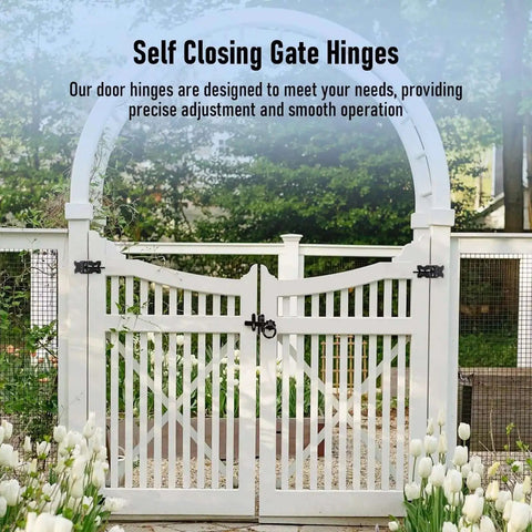 Heavy Duty Self Closing Gate Hinges For Vinyl And Wood Fences, installed on white fence gate with floral garden backdrop