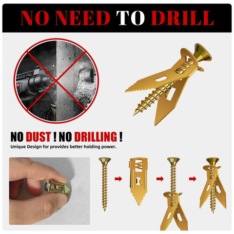 200 Pcs Self Drilling Drywall Anchors with Screws Kit, Metal Expansion Bolt, illustration of yellow zinc-plated anchor showing self-drilling feature.