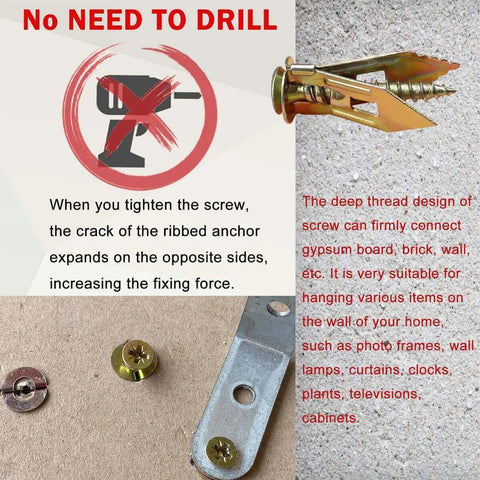 Diagram of self drilling drywall anchors and screws kit showing installation and uses for mounting hardware on walls.