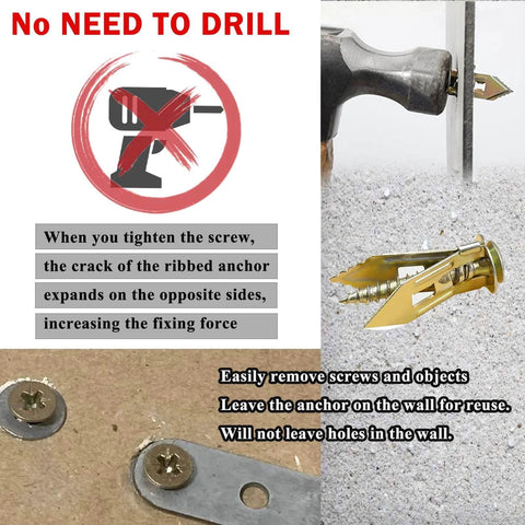 Image demonstrating 410 pcs self drilling drywall anchors and screws kit with no drill installation on a wall surface.