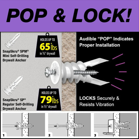 Self-Drilling Drywall Anchor For Hollow Walls And Ceilings, Glass-Filled Nylon With Jaws For Firm Grip, No Pre-Drill Required, Fits Size 6 To 10 Screws, 50 Pack With Screws, Made In USA, 79 Lb Tensile Strength illustrated in use.