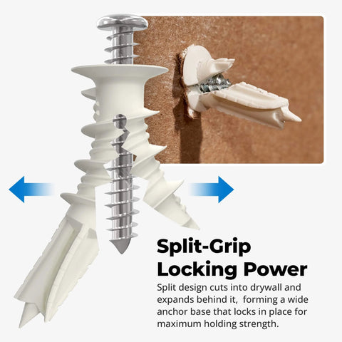 Close-up of #8 Self Drilling Drywall Plastic Anchors with Screws, split-grip design for 75 lb heavy duty use in drywall installation