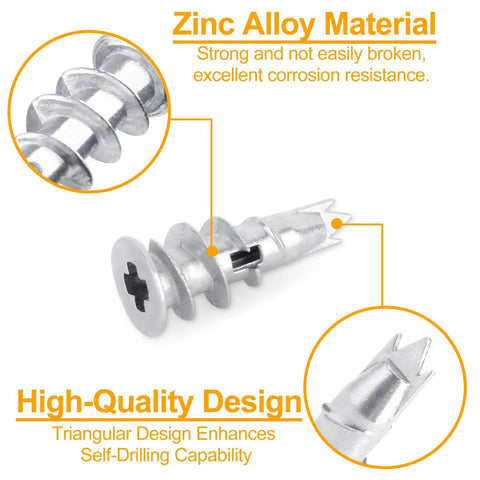 Zinc alloy self drilling drywall anchor close-up, part of 116 pcs self drilling drywall anchors and screws kit with 58 zinc alloy sheetrock anchors and 58 #6 x 1-1/4 inch screws shatter resistant design holding up to 50 lb for drywall wall mounting