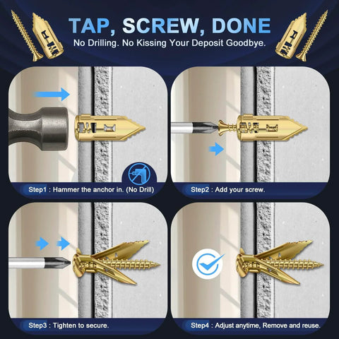 Installation steps for 160 pcs self drilling drywall anchors and screws kit with 3 anchor sizes, no pre drilling needed, secure hold.