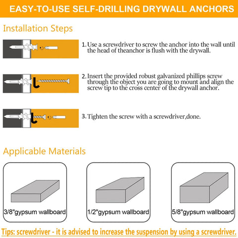 Installation instructions for Self Drilling Drywall Anchors Assortment Kit with applicable materials shown.