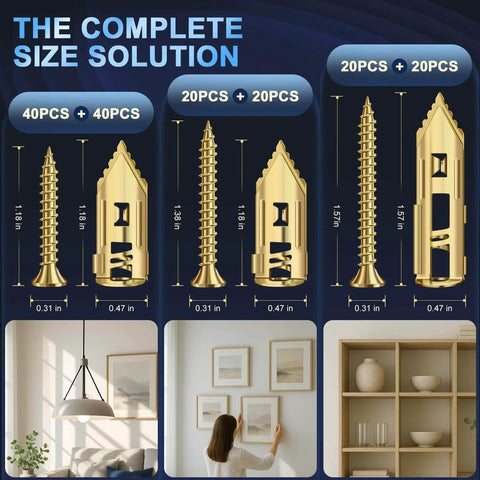 160 pcs self drilling drywall anchors and screws kit with 3 anchor sizes made from premium zinc plated manganese steel no pre drilling design holding over 100 lb for shelves TVs cabinets and wall mounting.