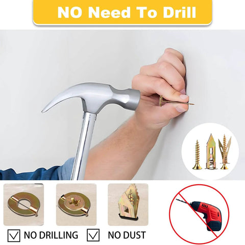 Hammer inserting a screw into wall with 420Pcs Self Drilling Drywall Anchors with Screws Kit, no drill needed, zinc plated steel anchors shown
