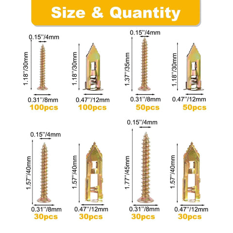 420Pcs Self Drilling Drywall Anchors with Screws Kit, showcasing various sizes, zinc plated steel anchors and screws, easy application.