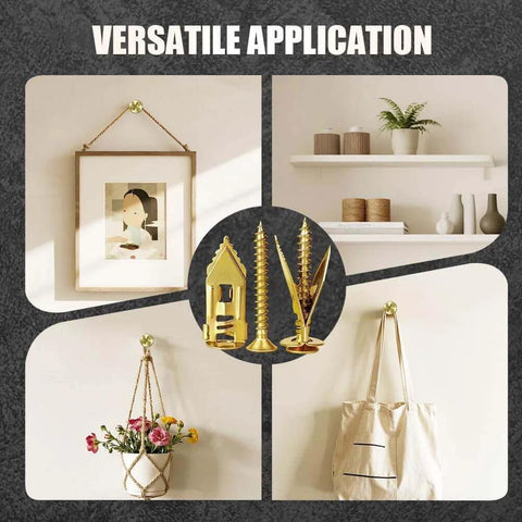 Versatile application of ✝️ Self Drilling Drywall Anchors with Screws Kit, used for hanging picture, shelves, plants, and bags.