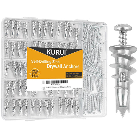 116 pcs self drilling drywall anchors and screws kit with 58 zinc alloy sheetrock anchors and 58 #6 x 1-1/4 inch screws