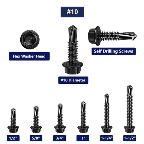 100pcs 410 Stainless Steel #10x1/2 Hex Washer Head Self Drilling Screws, Black Oxide, size chart and close-up view